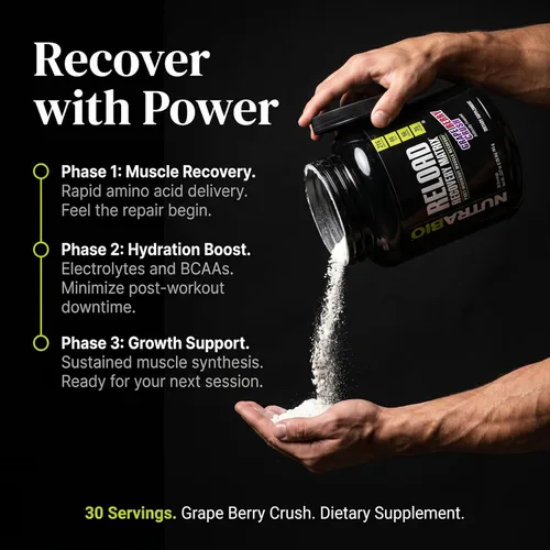 Miniatura 8 de NutraBio Reload - Potente fórmula de recuperación muscular - Suplemento después del entrenamiento - Creatina 3G - 8G BCAAs - Glutamina 5G - 30