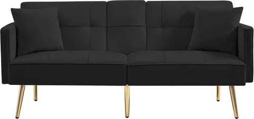 Miniatura 4 de Moderno sofá cama biplaza de terciopelo con 2 bolsillos, sofá cama convertible tapizado con respaldo múltiple ajustable, futón con patas doradas