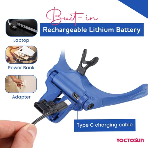 Miniatura 4 de YOCTOSUN - Gafas de aumento con 4 luces LED, 5 lentes, estuche de almacenamiento para la cabeza, lupa iluminada manos libres para manualidades, Azul