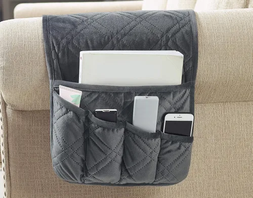 Brilliant Sunshine - Organizador de apoyabrazos de sofá de terciopelo gris con 5 bolsillos, soporte antideslizante para sillón reclinable,