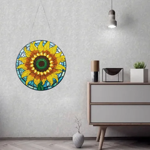 Miniatura 2 de LUSandy Kit de pintura de diamante de girasol grande 5D para bricolaje, letrero de arte de pared, diseño de girasol, diamante, atrapasoles, ventana