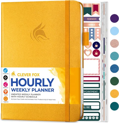 Agenda Clever Fox semanal y mensual sin fecha con divisiones de tiempo, libro de citas y organizador diario, A5 (Amarillo)