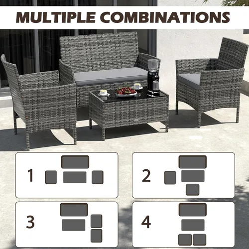 Miniatura 7 de RELAX4LIFE Juego de muebles de patio de 4 piezas – Juego de muebles de ratán para conversación al aire libre con cojines, mesa de centro de cristal