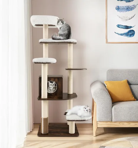 Miniatura 2 de PETSITE Árbol alto para gatos de interior, torre moderna de varios niveles para gatos de 71 pulgadas con perca de felpa, cómodo condominio