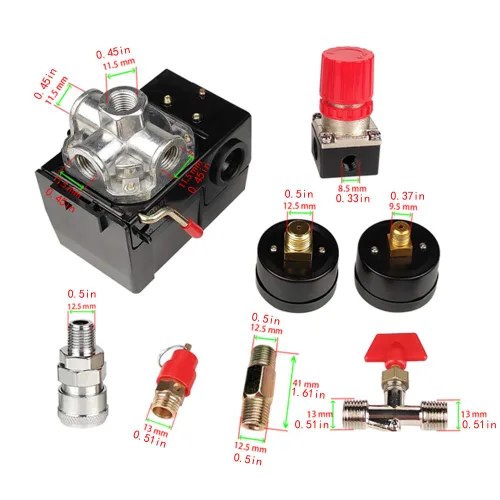 Miniatura 3 de Válvula de control del interruptor de presión del compresor de aire, 90-120 PSI con regulador y manómetro, 4 puertos 1/4" NPT con válvula