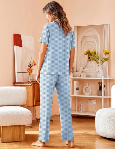 Miniatura 4 de Avidlove - Pijama para mujer, ropa de dormir suave, con cuello con solapas con muesca, de manga corta y con botones, con pantalones largos, ropa
