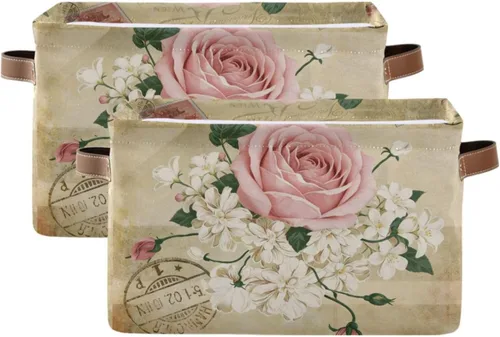 Miniatura 2 de ALAZA Shabby Chic - Caja de almacenamiento plegable con diseño floral de rosas, cestas organizadoras con asas para estantes, armario, sala de estar
