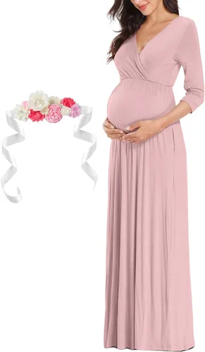 Miniatura 3 de Kim S Vestido largo de maternidad con banda de flores (S-3XL), vestido de fiesta baby shower con cuello en V fruncido