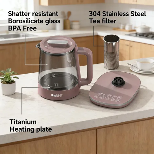 Miniatura 4 de Hervidor eléctrico de vidrio caliente de titanio de 1500 W con infusor y control de temperatura, hervidor de té de 1.5 L de ebullición rápida