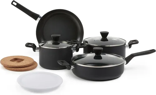 Amazon Basics Juego de 10 utensilios de cocina apilables anodizados duros, antiadherentes, aptos para horno, aptos para lavavajillas, asas que se