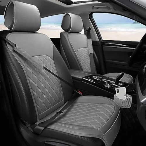 Miniatura 8 de Fundas de Asiento Delantero para Automóvil - Fundas de Asiento de Cuero con Bolsillo de Almacenamiento y Dos Almohadillas para Cinturón, Fundas