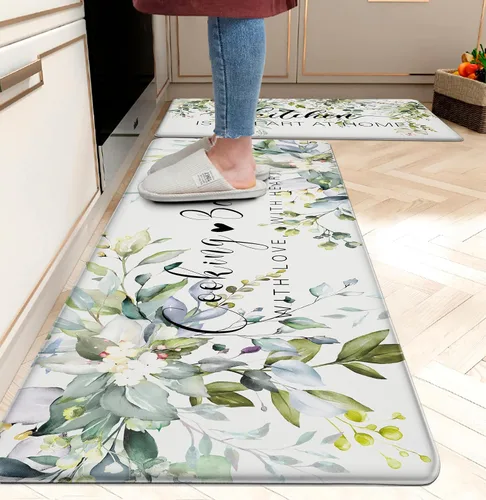 weesire Alfombra de Cocina Verde Tapetes Anti Fatiga para Piso de Cocina Alfombras de Cocina Verde Salvia Floral Hierbas Espuma Viscoelástica Tapete