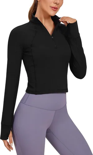 CRZ YOGA Butterluxe - Camisetas de entrenamiento de manga larga para mujer, con cremallera de medio cuarto, camiseta deportiva con cuello