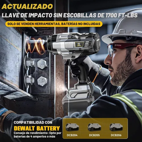 Miniatura 3 de Llave de impacto inalámbrica de 1/2 pulgada compatible con batería Dewalt: Llave de impacto de alto torque de 1700 pies-libras, herramienta