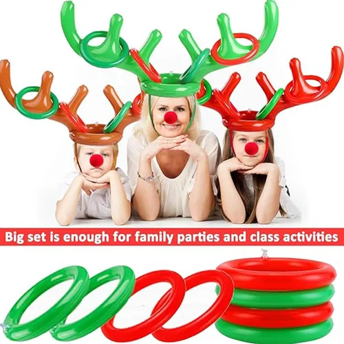 Miniatura 7 de Juego de 18 piezas de 3 anillos inflables de cornamenta de reno para lanzar juegos de fiesta de Navidad, juguetes familiares para niños, relleno