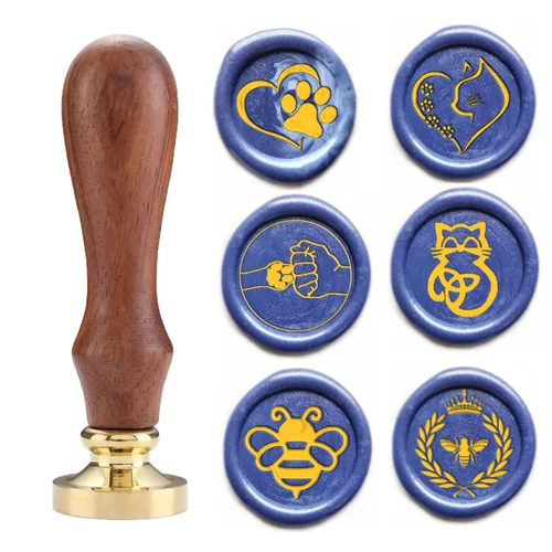 Miniatura 12 de Sellos de cera de sellado de patrones de animales, sellos de cobre y empuñadura de madera, kit de sellos de cera para sobres de tarjetas, embalaje