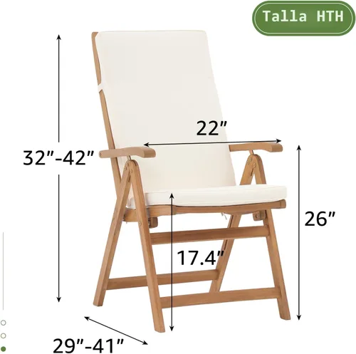 Miniatura 6 de OC Orange-Casual Juego de 2 sillas plegables de comedor para patio, sillas reclinables de madera de acacia para exteriores con reposabrazos y cojín