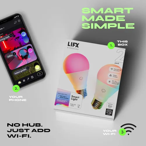 Miniatura 8 de LIFX Paquete de 2 bombillas inteligentes A19, RGBW que cambian de color + blanco sintonizable, 800 lúmenes, compatible con materia, funciona