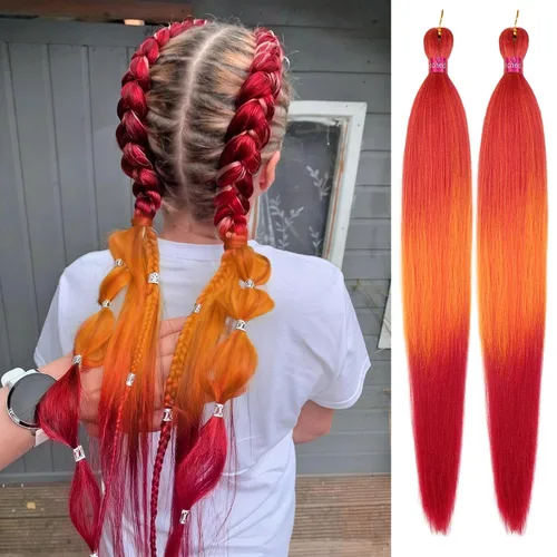 Miniatura 28 de Cabello trenzado preestirado, cabello trenzado degradado de 28 pulgadas, paquete de 8 extensiones de cabello trenzado de mezcla de colores sedosos