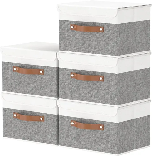 Miniatura 15 de OUTBROS Caja de almacenamiento plegable grande con tapa, organizador de armario de tela de lino, contenedores para toallas, ropa, 15 x 9.8 x 9.8