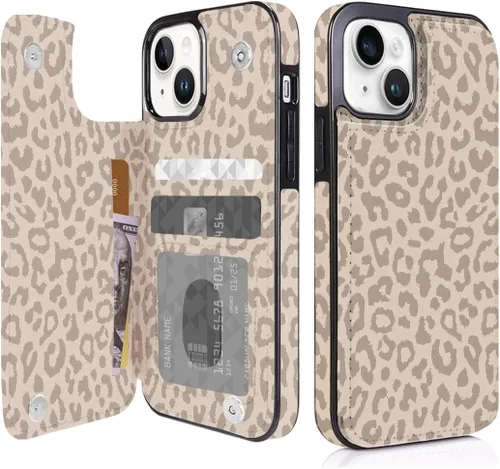 Funda compatible con iPhone 14/15 con tarjetero y ranuras integradas de piel sintética con función atril y a prueba de golpes para iPhone 14/15 de