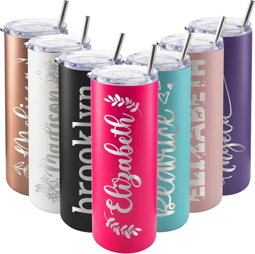 Vasos delgados personalizados con tapa, regalos para ella de 20 onzas, rosa intenso, 12 diseños, vaso grabado personalizado con nombre, tazas Rosa