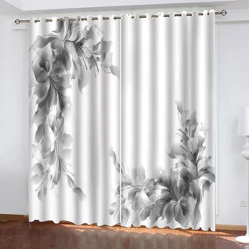 Miniatura 3 de Cortinas de ventana, diseño de hojas 3D, juego de cortinas con ojales, cortinas de oscurecimiento con ojales, cortinas de ventana gris y blanco