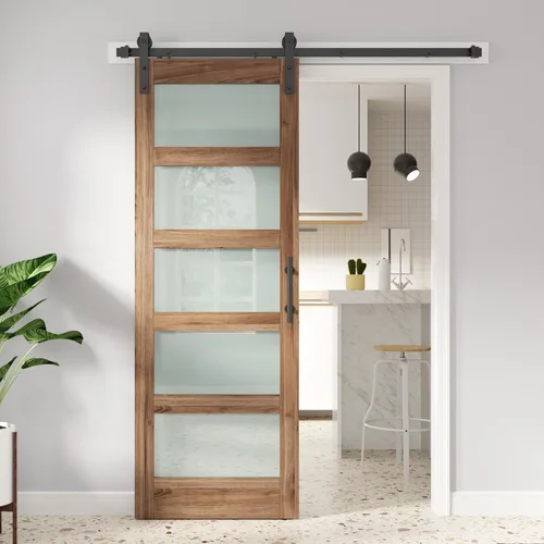 Miniatura 22 de FREDBECK Puerta de granero de vidrio de 32 x 84 pulgadas con kit de herrajes para puerta de granero de 5.5 pies y asa incluida, 5 paneles de vidrio
