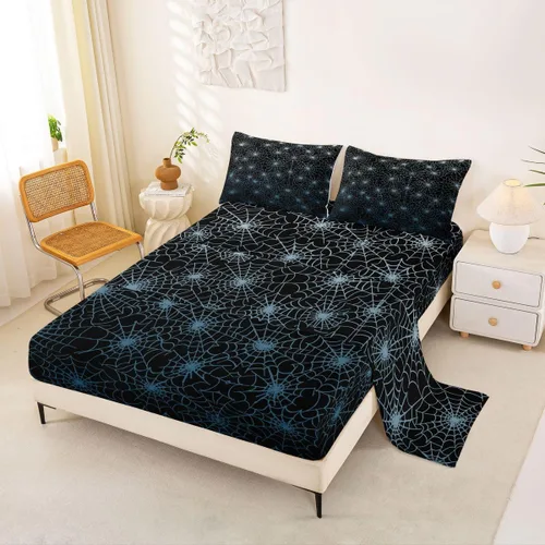 Miniatura 7 de Erosebridal Sábanas de Telaraña Juego de Sábanas Feliz Halloween Juego de Ropa de Cama de Líneas Rayas Geométricas Tamaño King Sábana Plana Amarillo