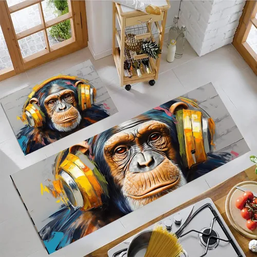 Miniatura 10 de Juego de 2 piezas de tapetes de cocina, estilo retro abstracto negro Horsetapete para antifatiga, tapetes de interior, oferta para decoración