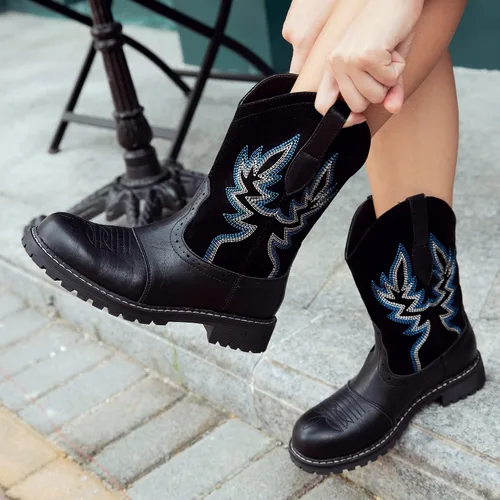 Miniatura 2 de Hawkwell Botas vaqueras occidentales de media pantorrilla para mujer, punta redonda, bordadas a la moda