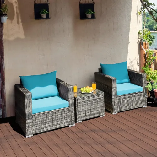 Miniatura 5 de COSTWAY Juego de muebles de patio de 3 piezas, sofá de mimbre para exteriores con cojines y mesa auxiliar, juego de sillas de conversación