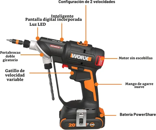Miniatura 10 de WORX Taladro Atornillador Inalámbrico, 20V 445 in·lb Taladro Atornillador Eléctrico sin Escobillas, Perforación y Atornillado Potente, Diseño 2