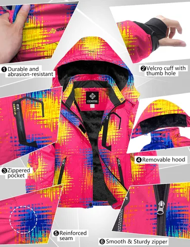 Miniatura 6 de GEMYSE Chaqueta de esquí impermeable para niña, chaqueta de invierno a prueba de viento con capucha