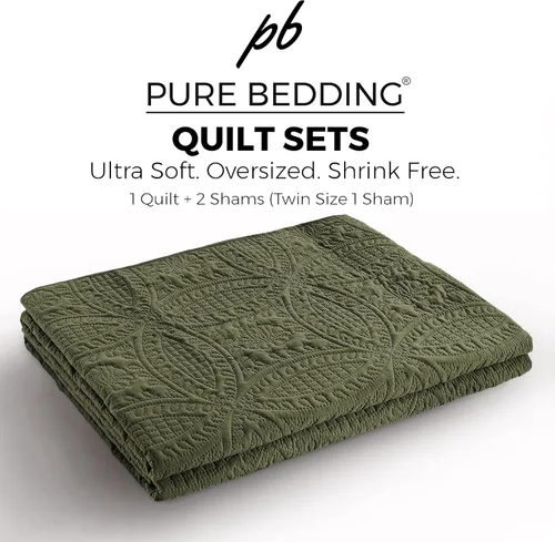 Miniatura 5 de Pure Bedding - Juego de edredón tamaño matrimonial/Queen, color verde oliva, colcha de gran tamaño, ligera, microfibra suave para todas
