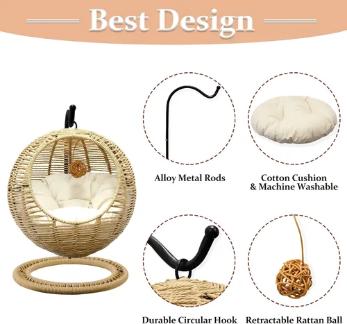 Miniatura 3 de BROWN-BROWN Cama colgante de mimbre hecha a mano para gatos, silla de huevo oscilante con cojín extraíble y bola colgante, acogedora hamaca