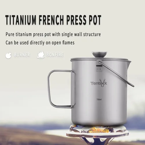Miniatura 2 de Tentock Taza de titanio para mochileros, camping, taza de café, olla colgante ultraligera, portátil, multifuncional, para cocinar al aire libre