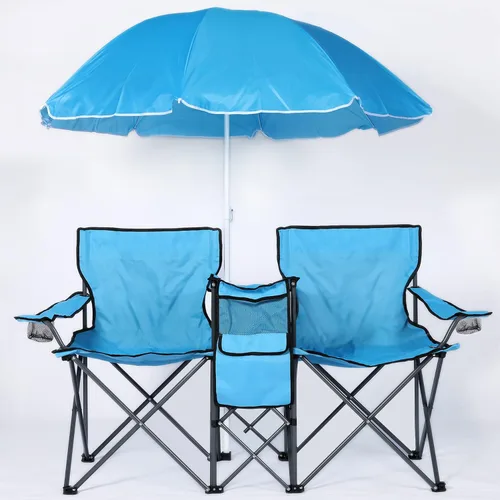 LAZZO Sillas de camping plegables dobles, sillas de camping portátiles de picnic con paraguas mini soporte para bebidas, bolsa de transporte para