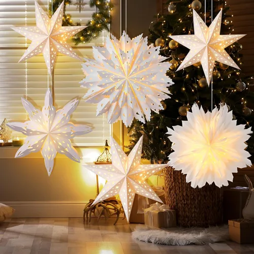 Miniatura 8 de Watersay Paquete de 6 Faroles de Papel de Copo de Nieve de Navidad Faroles de Papel de Estrella de Navidad con 6 Luces LED Blancas Ornamentos