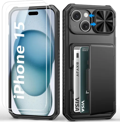 Miniatura 37 de BXYJY Funda tipo cartera para iPhone 15 Pro con tarjetero (4-5 tarjetas) y cubierta deslizante para cámara y soporte, protección contra caídas