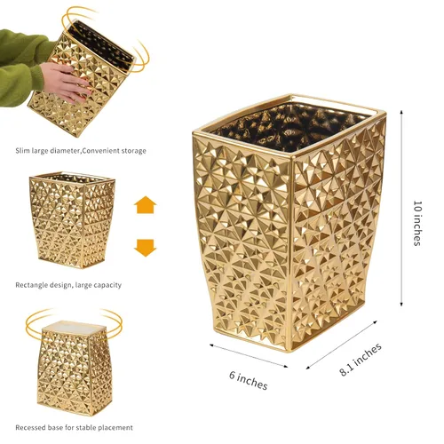 Miniatura 4 de Bote de basura cuadrado de cerámica dorado para cocina, papelera, contenedor de basura para baño, dormitorio, cocina, oficina en casa y habitación