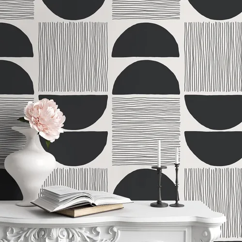 Miniatura 5 de VEELIKE Papel tapiz moderno de mediados de siglo en blanco y negro, papel tapiz geométrico abstracto para dormitorio, baño, 17.7 x 118 pulgadas