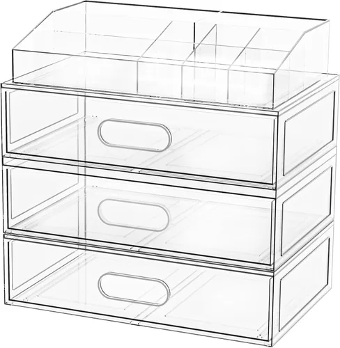 Miniatura 10 de Paquete de 2 cajones transparentes de almacenamiento de maquillaje, organizadores de baño apilables de 12 pulgadas de ancho y cajón