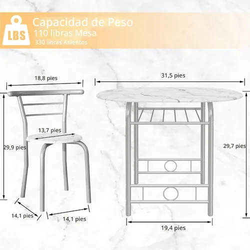 Miniatura 6 de JUMMICO Juego de Mesa Redonda y Sillas de Madera de 3 Piezas, Ahorro de Espacio Desayunador de Cocina Superficie de Veta de Madera con Marco