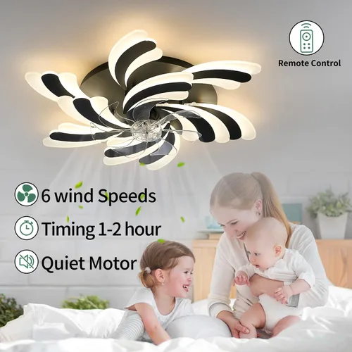 Miniatura 6 de Ventilador de techo moderno de perfil bajo con luz y control remoto, lámpara de montaje empotrado de 31 pulgadas para sala de estar, comedor