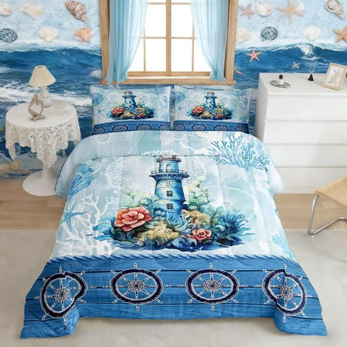 Miniatura 20 de Castle Fairy Juego de edredón de verano para niños, tamaño individual, diseño náutico reversible con diseño náutico de estrellas de mar, barco y Azul
