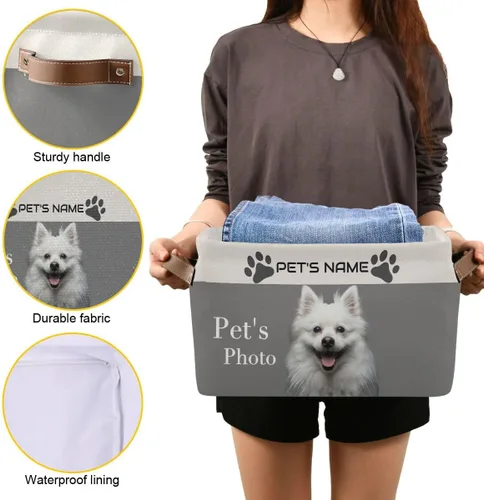 Miniatura 7 de Cesta de almacenamiento personalizada para perros con asas, nombre de mascota personalizado y foto, cajas de almacenamiento plegables para abrigos
