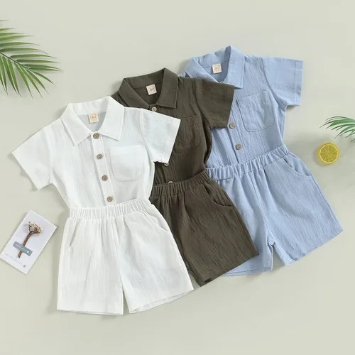 Miniatura 2 de Conjunto de ropa de verano para bebé y niño, con botones, de manga corta, con bolsillo, color liso, para el verano