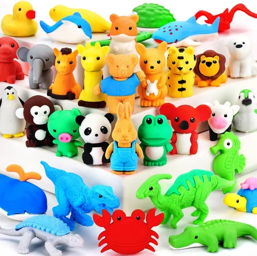 Miniatura 9 de URSKYTOUS 34 piezas Borradores de animales a granel lindos mascotas de escritorio para niños, rompecabezas de borradores, desmontables, geniales