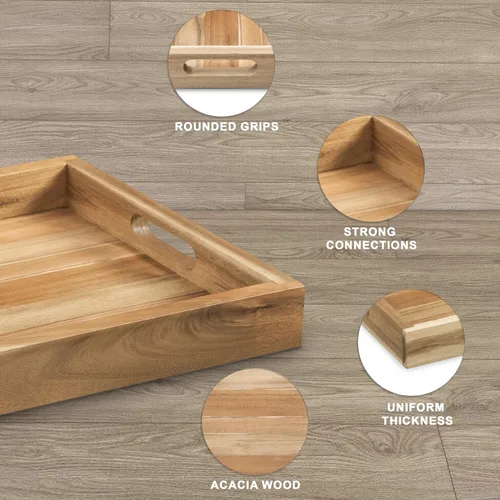 Miniatura 3 de VICTORY RELAX Bandeja de Servir Rectangular de Madera de Acacia Natural con Asas, Juego de 2 (15"x11" y 13"x10"), Bandeja Grande para Otomana